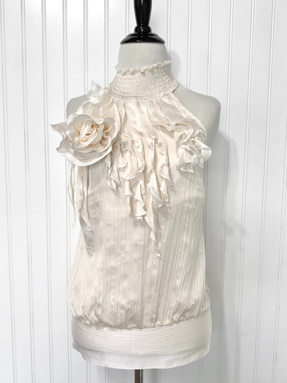 Y2K Bebe Ivory Silk Halter Top Ruffle Rosette XS